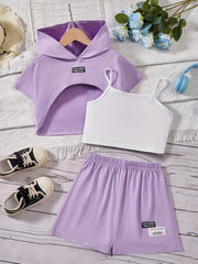 Girl's 3pcs Hooded T shirt & Camisole & Shorts Set CALIFORNIA Patched