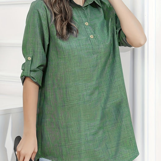 Solid Crinkle Polo Neck Top