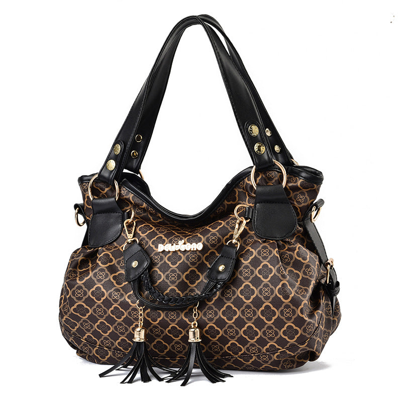 Floral Print Shoulder Bag Tassel Decor Faux Leather Purse