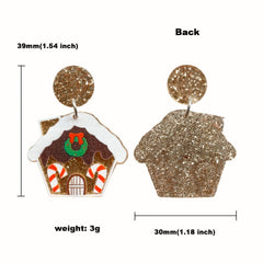 Snowman House Earrings Long Costume Jewelry Holiday Party Accessories