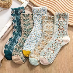 5 Pairs Vintage Ethnic Floral Socks for Women