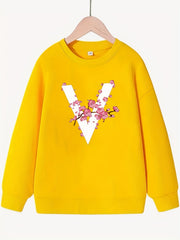 Blossoms & "V" Alphabet Pattern Sweatshirt For Girls