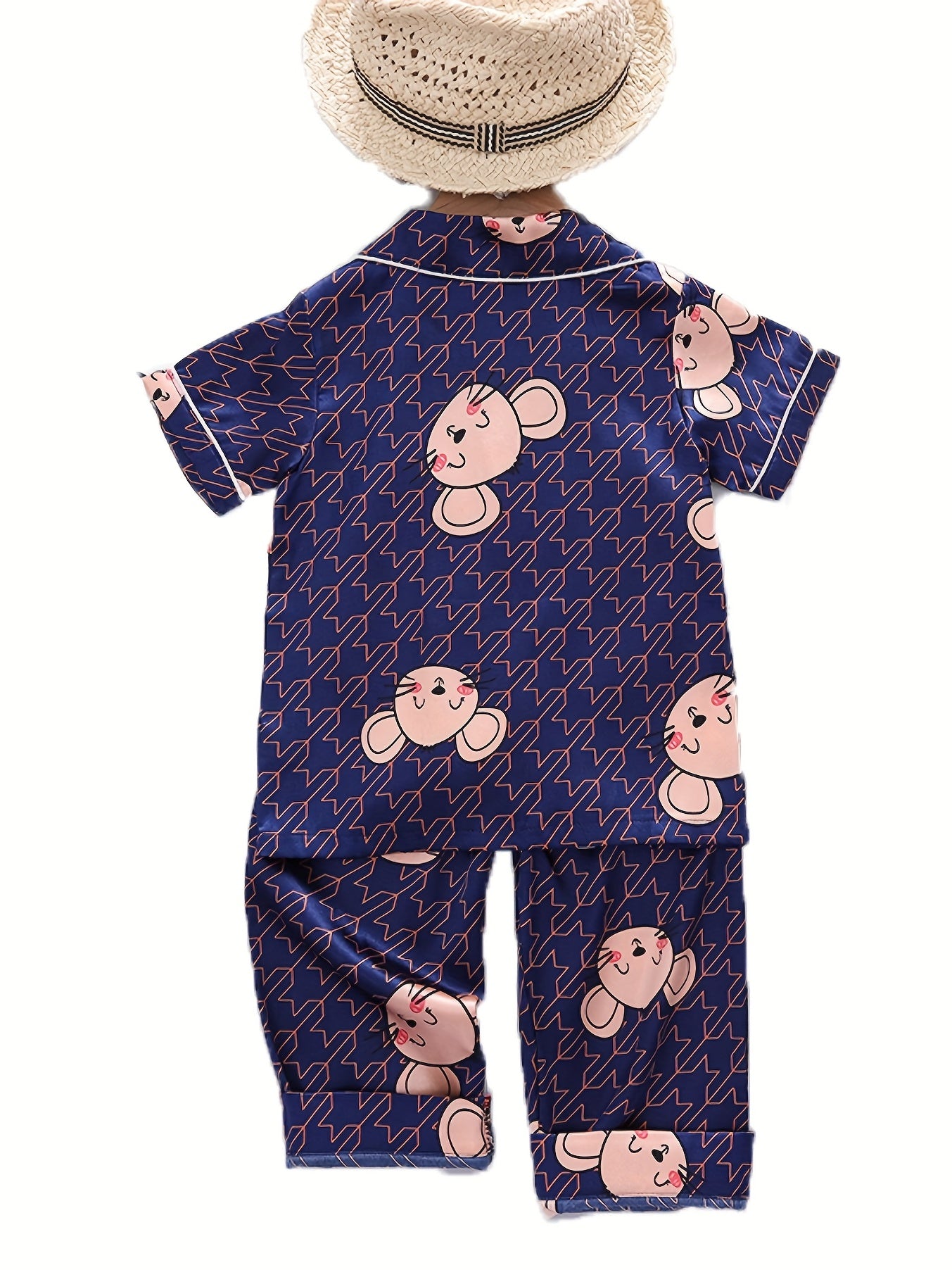 Cartoon Mouse Kid's Satin Pajamas 2pcs Short Sleeve Top & Pants Set