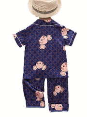 Cartoon Mouse Kid's Satin Pajamas 2pcs Short Sleeve Top & Pants Set