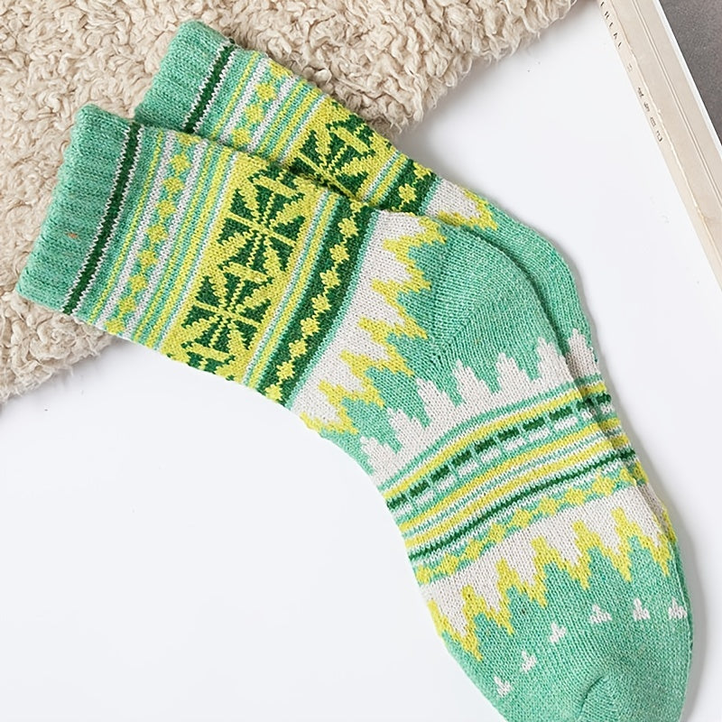 5 Pairs Women's Thick Warm Ethnic Wool Socks Curry Stripes