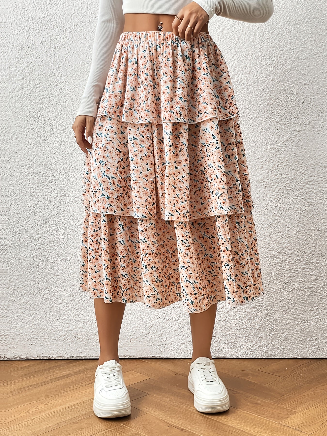 Boho Floral Print Tiered Maxi Skirts High Waist for Spring & Summer