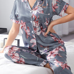 Floral Print Pajama Set Short Sleeve Button Top & Pants