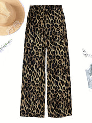 Leopard Print Button Up Blouse & Wide Leg Pants Set