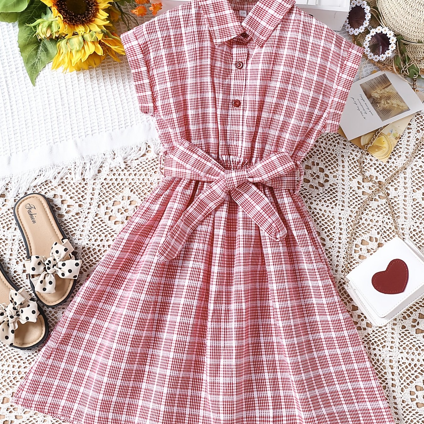 Girls Plaid Button Down Dress with Belt