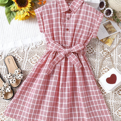 Girls Plaid Button Down Dress with Belt