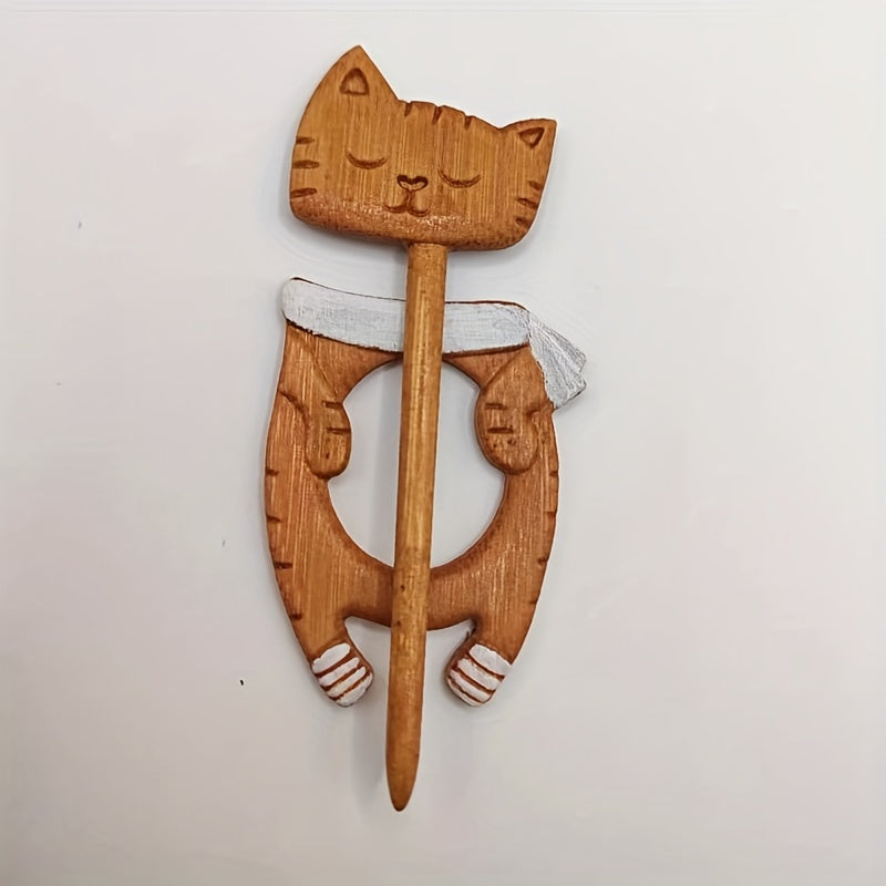 Wooden Animal Sleeping Kitten Brooch For Girls