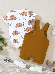 2pcs Baby Boys Elephant Graphic Onesie & Overalls Set