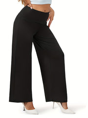 Wide Leg Trousers Solid Elastic High Rise Stretch