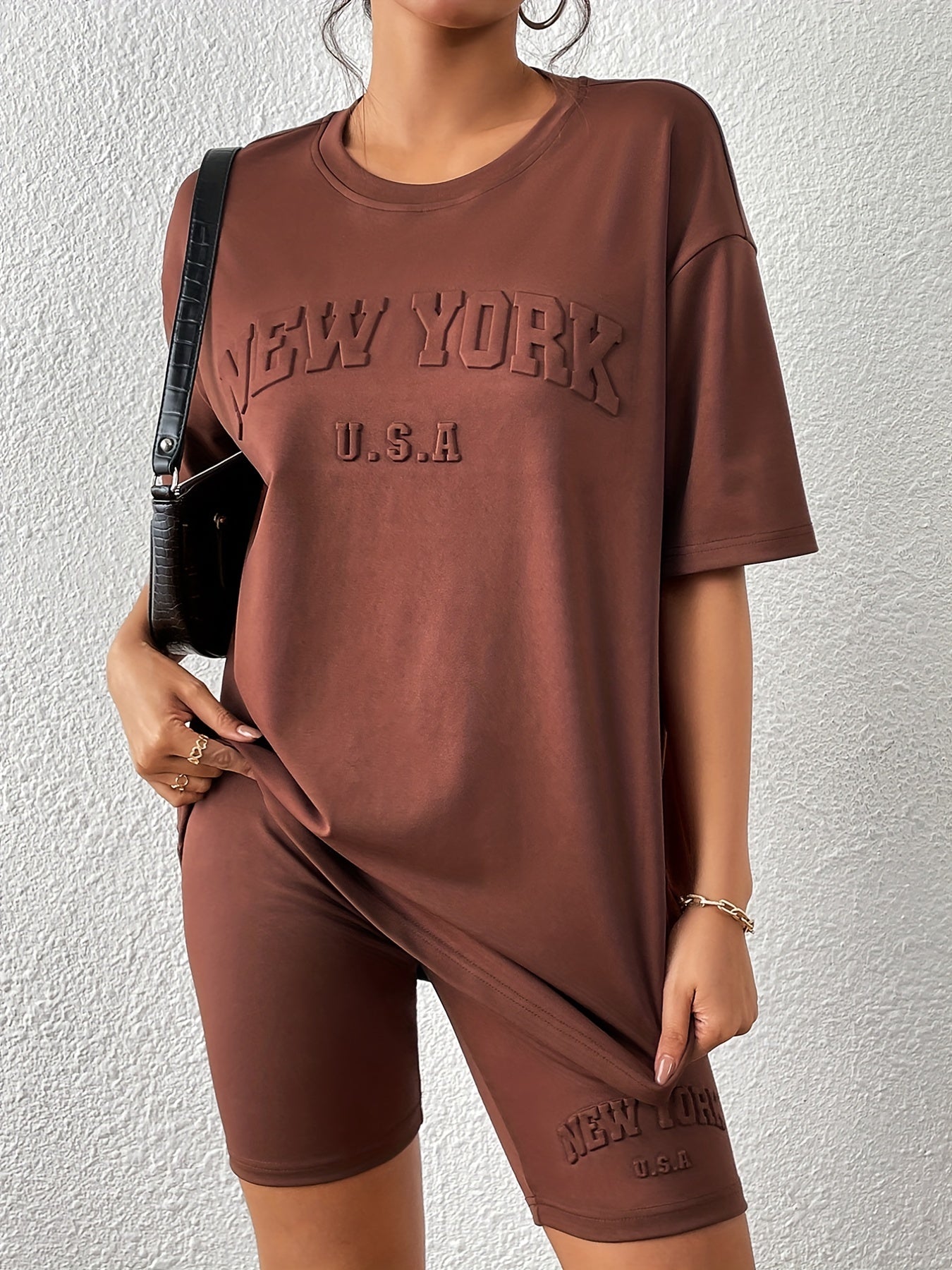 Letter Textured Two-piece Set Casual Half Sleeve T-shirt & Skinny Shorts