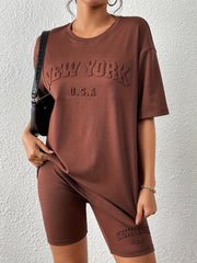 Letter Textured Two-piece Set Casual Half Sleeve T-shirt & Skinny Shorts