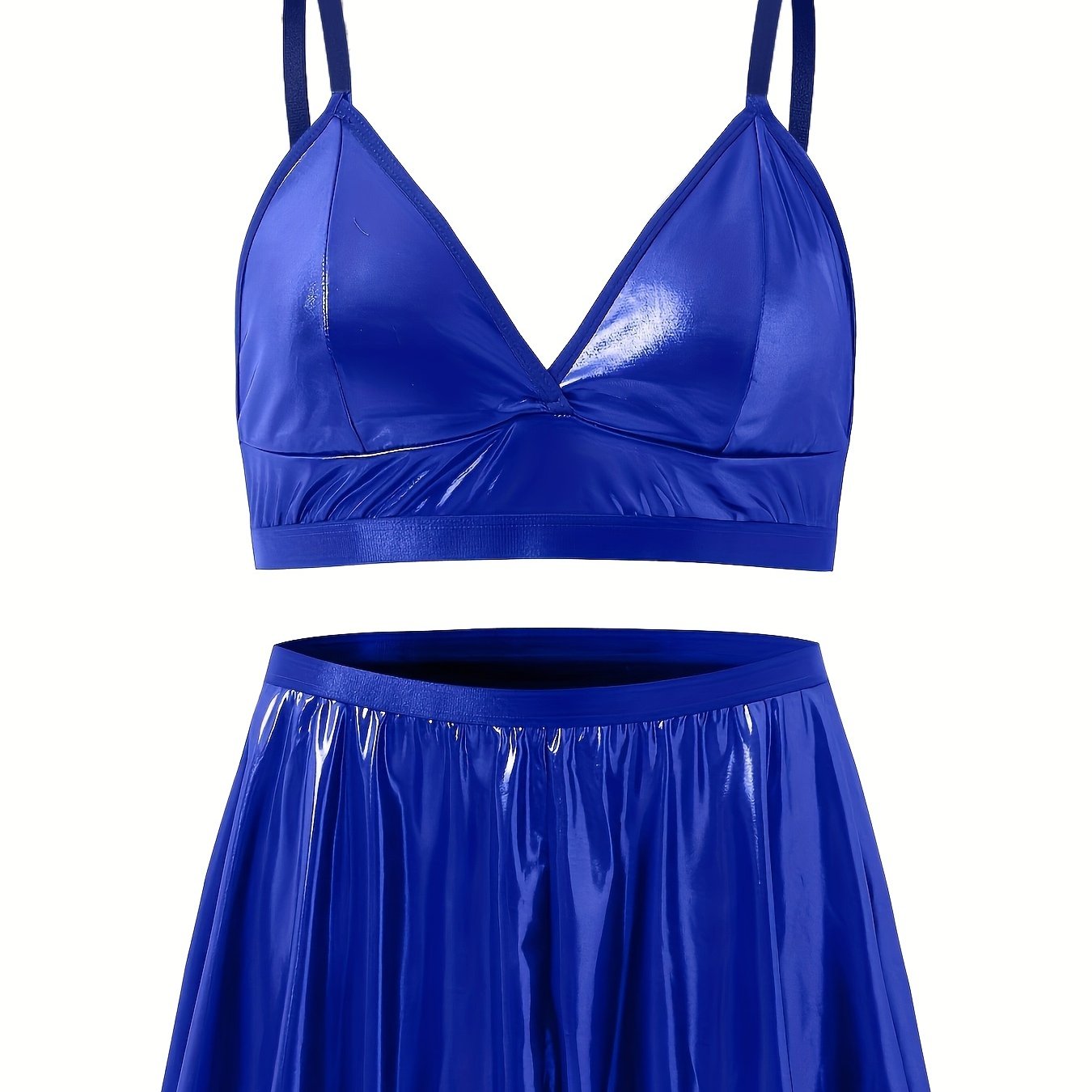 Metallic V Neck Bra & Pleated Mini Skirt Set