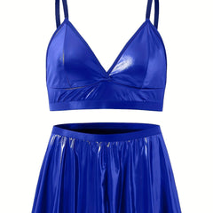 Metallic V Neck Bra & Pleated Mini Skirt Set