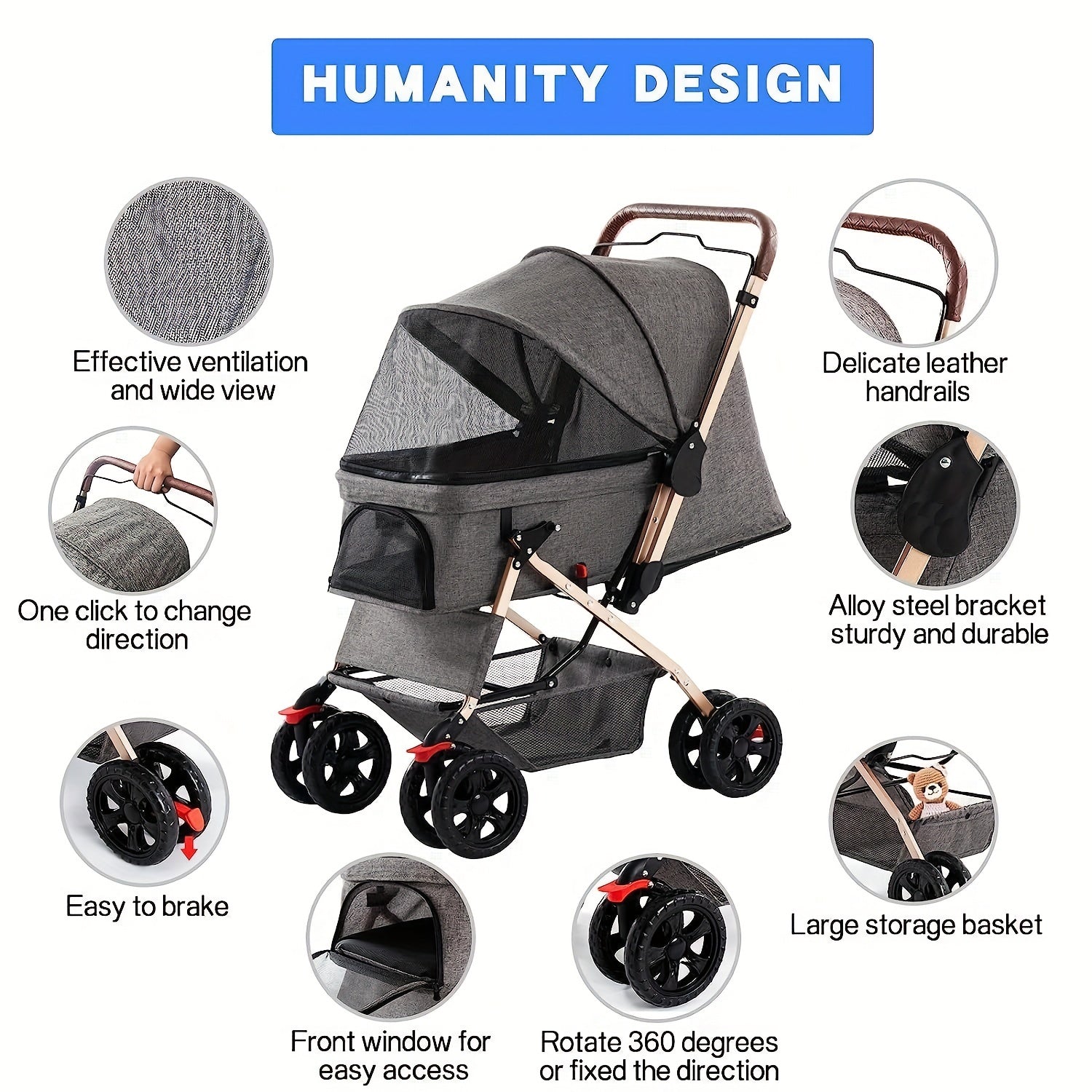 Pet Dog Stroller For Cats & Dogs, Weather Cover, Storage Basket