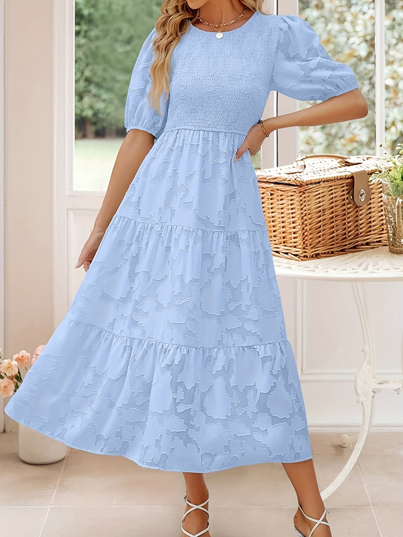 Jacquard Crew Neck Maxi Dress Ruched Short Sleeve