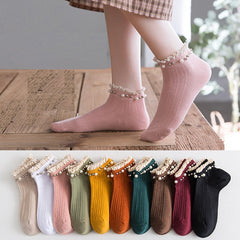 5 Pairs Women's Pearl Lace Stretch Casual Socks