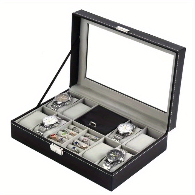 Men's 8 Digit Watch Box Ring Velvet Cover Glass Transparent Display
