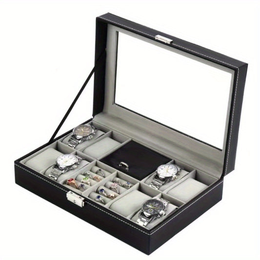 Men's 8 Digit Watch Box Ring Velvet Cover Glass Transparent Display