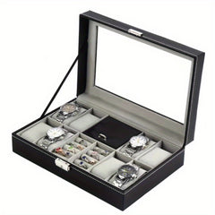 Men's 8 Digit Watch Box Ring Velvet Cover Glass Transparent Display