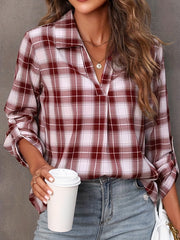 V-Neck Plaid Print Blouse
