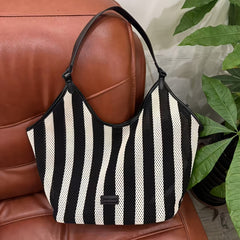 Striped Mesh Splicing Leather Tote Bag with Long Shoulder Strap
