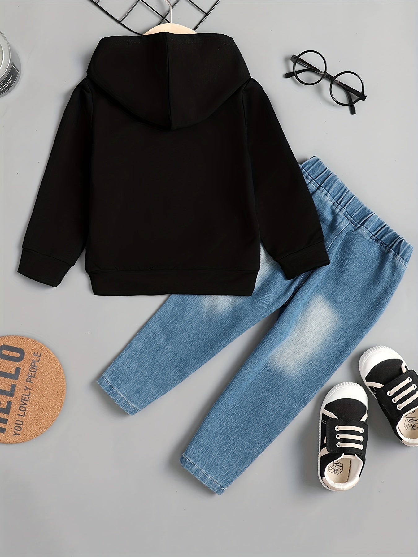 DAD SON Fist Graphic Print Boys Long Sleeve Hooded Sweatshirt&Denim Pants Set