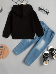 DAD SON Fist Graphic Print Boys Long Sleeve Hooded Sweatshirt&Denim Pants Set