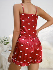 Heart Print Pajamas Set V Neck Cami Top & Shorts Women's Sleepwear