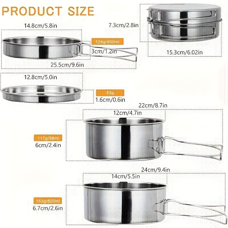 4pcs Stainless Steel Cookware Set Lightweight Cooking Kit for Camping