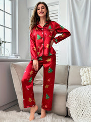 Christmas Print Pajama Set Long Sleeve Top & Elastic Pants Women's Sleepwear