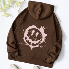 Smiling Face Print Hooded Sweater Loose Casual Pullover Top