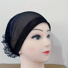 Solid Mesh Turban Cap Soft Beanie Elastic Underscarf Hat Women Chemo Hats