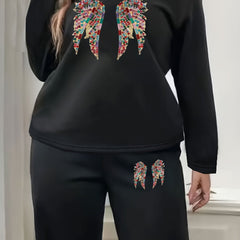 Plus Size Wings Print Loungewear Set: Top & Pants Pajama