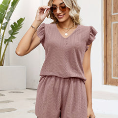 Eyelet Casual Two piece Set V Neck Flutter Sleeve Top & Elastic Waist Shorts