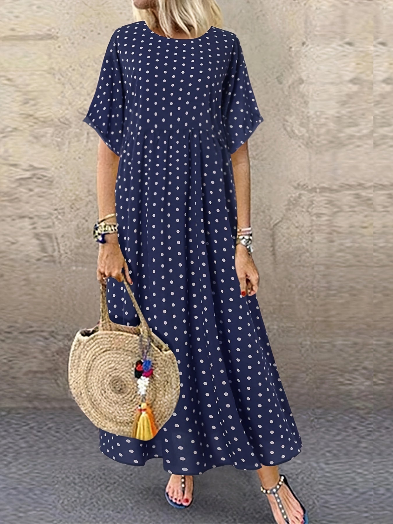 Polka Dot Dress Crew Neck Short Sleeve Casual Dress