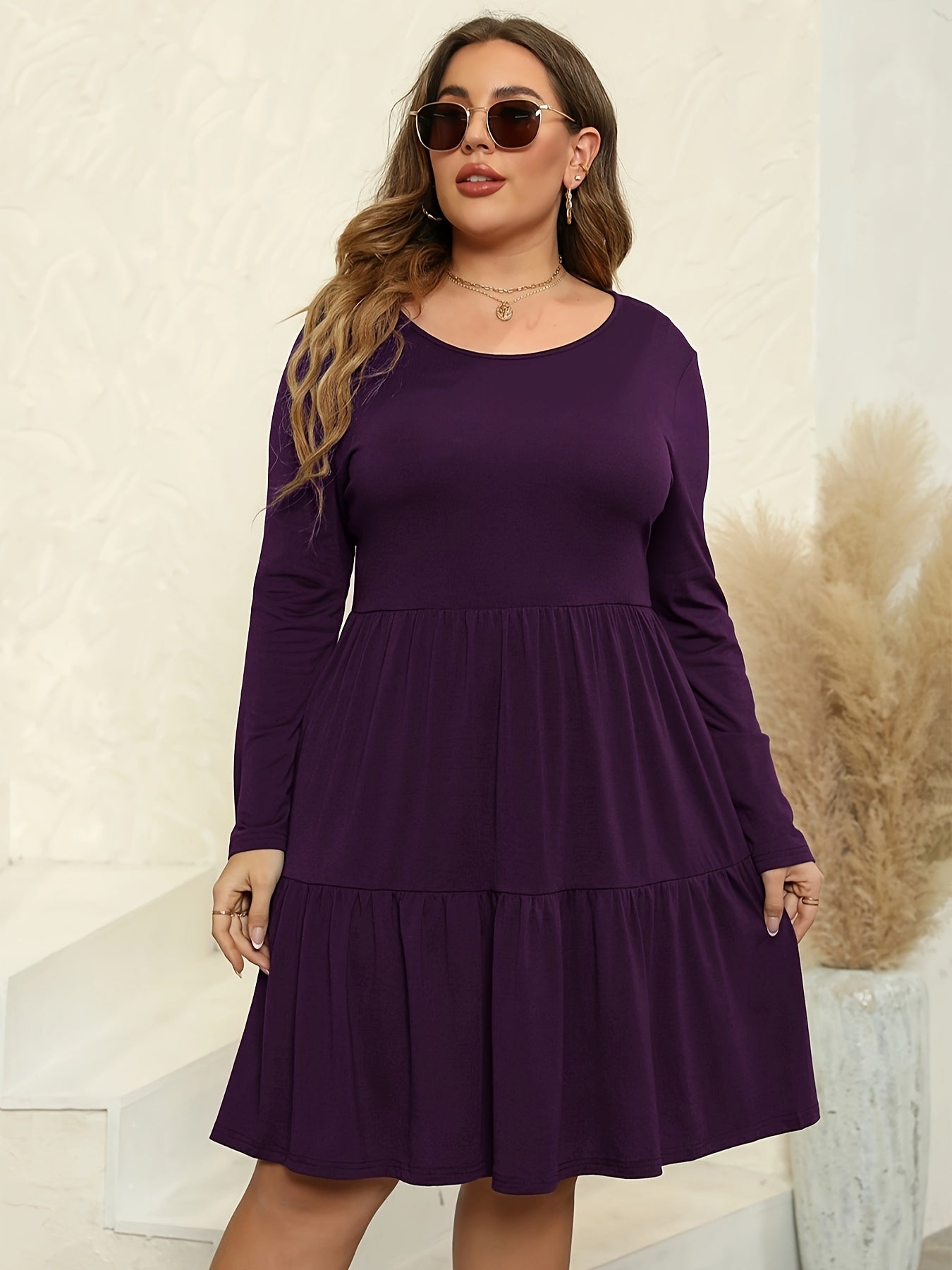Solid Long Sleeve Knee Length Dress With Pockets