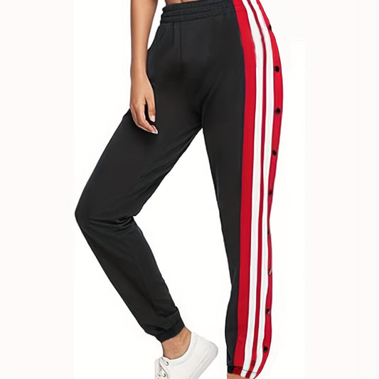 Colorblock Stripe Print Button Elastic Pants