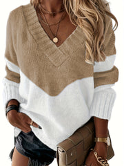 Colorblock V Neck Sweater Long Sleeve Pullover