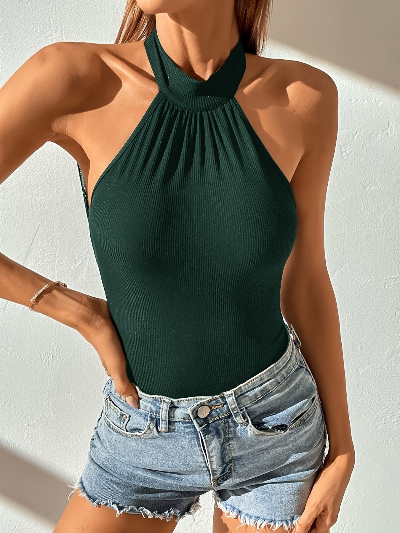 Lace Tie Back Bodysuit Halter Neck Sleeveless