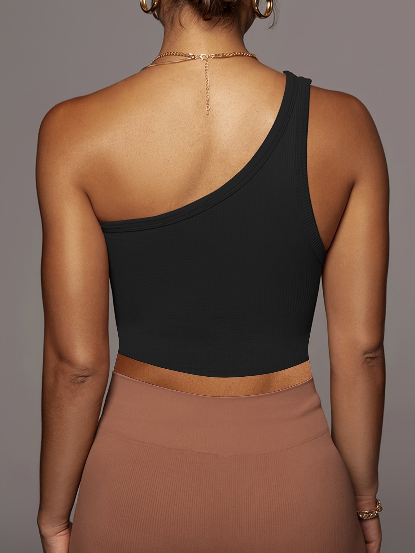 One Shoulder Crop Tank Top Solid Ribbed Knit Top Women's Clothing