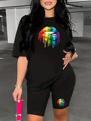 Colorful Lips Print Two Piece Set Short Sleeve T-shirt & Biker Shorts