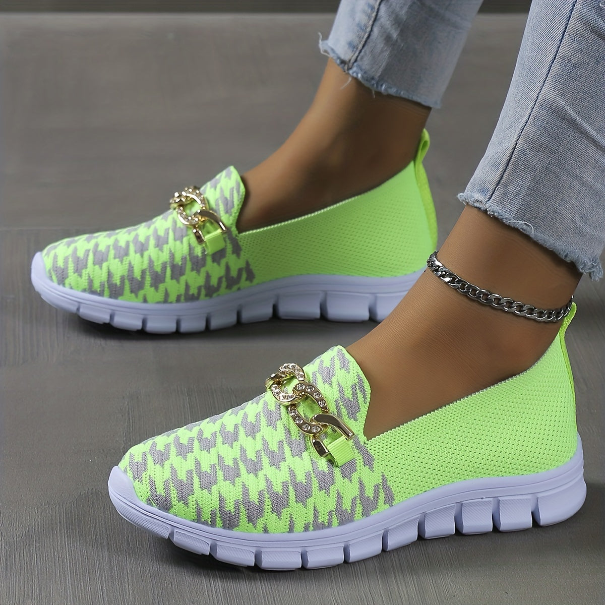 Metallic Chain Decor Slip-On Lightweight Flying Woven Shoes