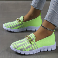 Metallic Chain Slip On Sneakers Low Round Toe Houndstooth Pattern Shoes