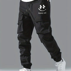 Smile Print Cargo Pants Men s Flap Pocket Trousers Loose Casual Outdoor Pants