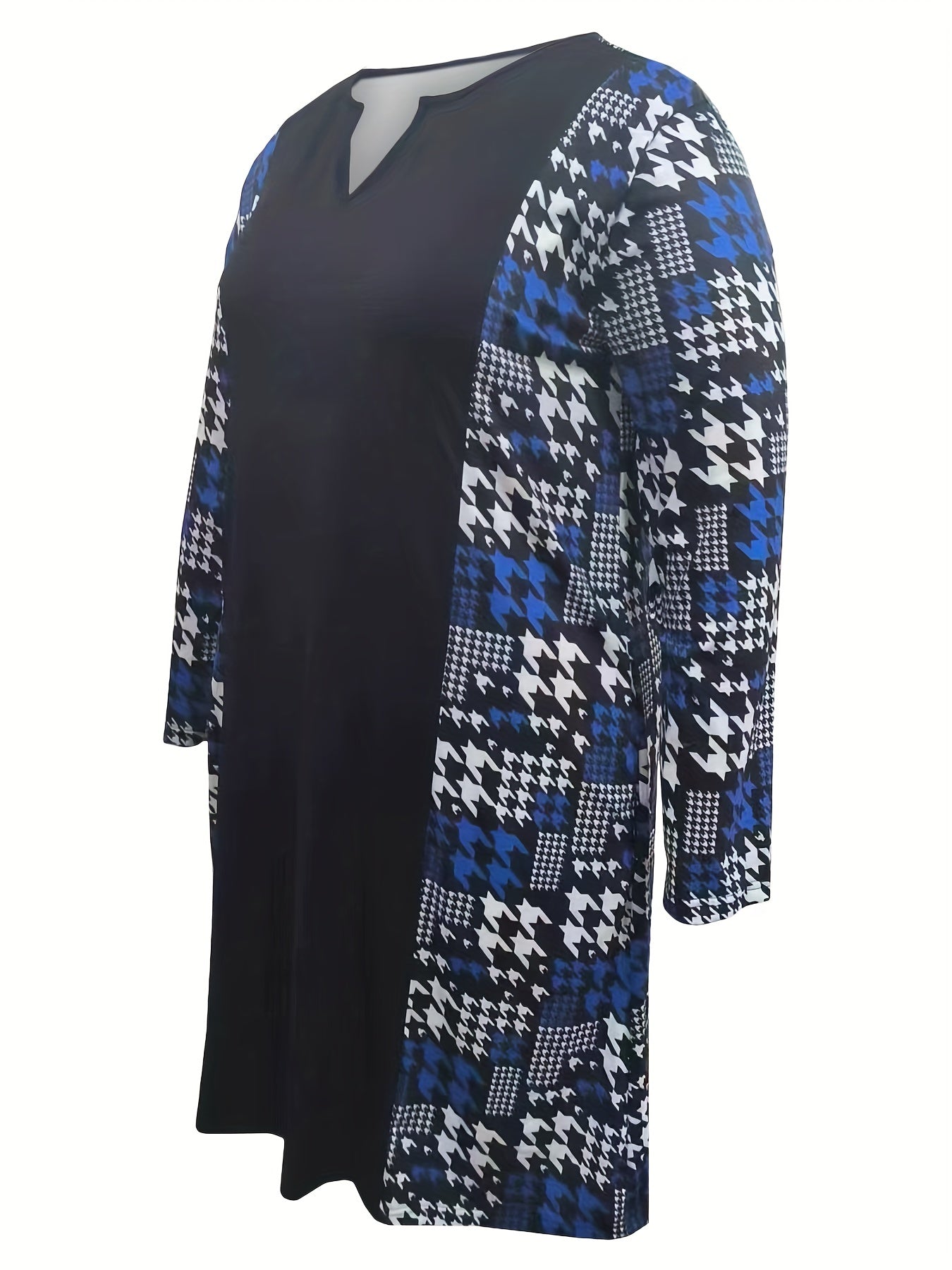Plus Size Colorblock Houndstooth Print Dress