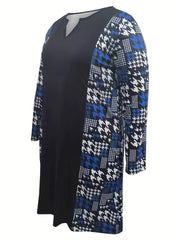 Plus Size Colorblock Houndstooth Print Dress